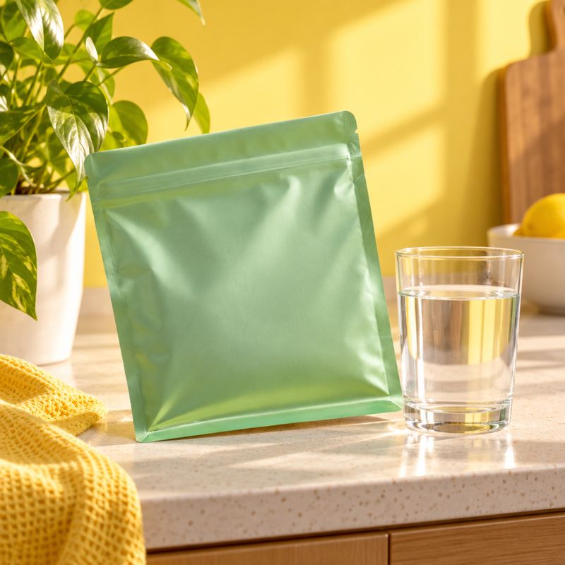A green pouch of greens powder on a kitchen counter